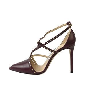 Jimmy Choo Tiff Burgundy Leather Studded Ankle Strap Stiletto Heels Sandals 5